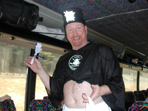 Handing out goodies on the bus